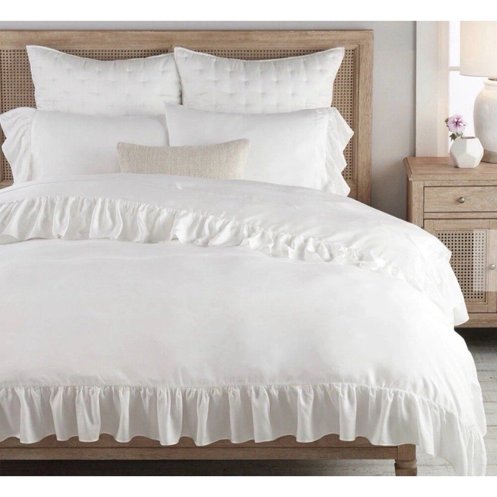 Pottery Barn Tencel Lyocell RUFFLE Duvet Cover King California White